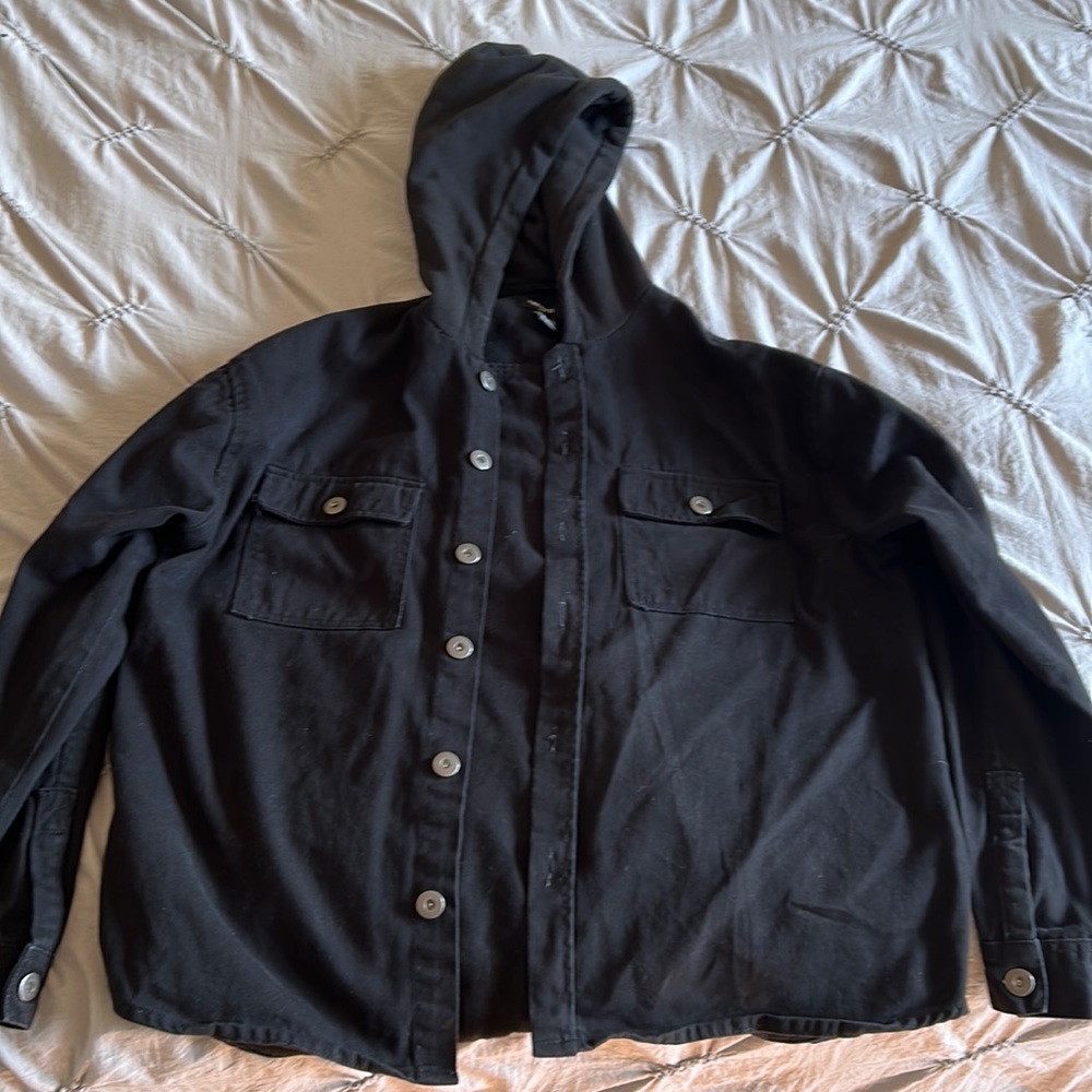 XL black denim jacket with hood